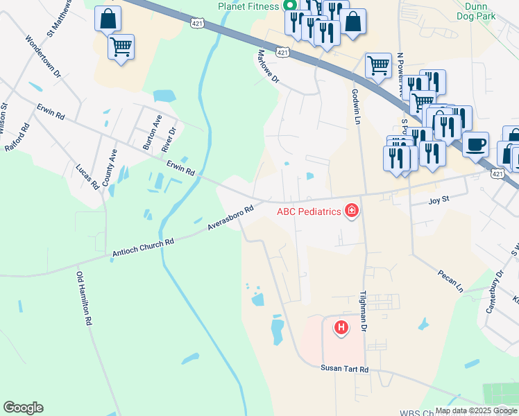 map of restaurants, bars, coffee shops, grocery stores, and more near 103 Averasboro Road in Dunn