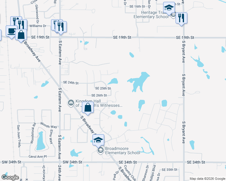 map of restaurants, bars, coffee shops, grocery stores, and more near 2620 Southeast 26th Street in Moore