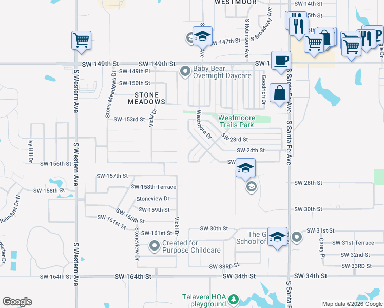 map of restaurants, bars, coffee shops, grocery stores, and more near 2612 Lonnie Lane in Oklahoma City