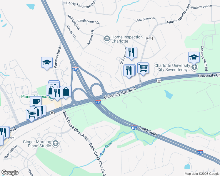 map of restaurants, bars, coffee shops, grocery stores, and more near 17701 Halton Park Drive in Charlotte