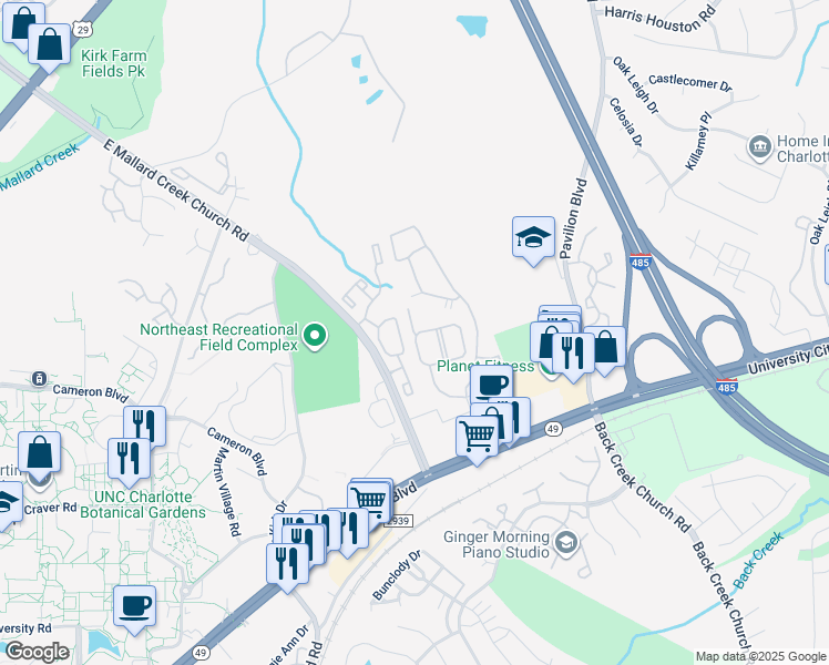 map of restaurants, bars, coffee shops, grocery stores, and more near 1610 Rebecca Bailey Drive in Charlotte