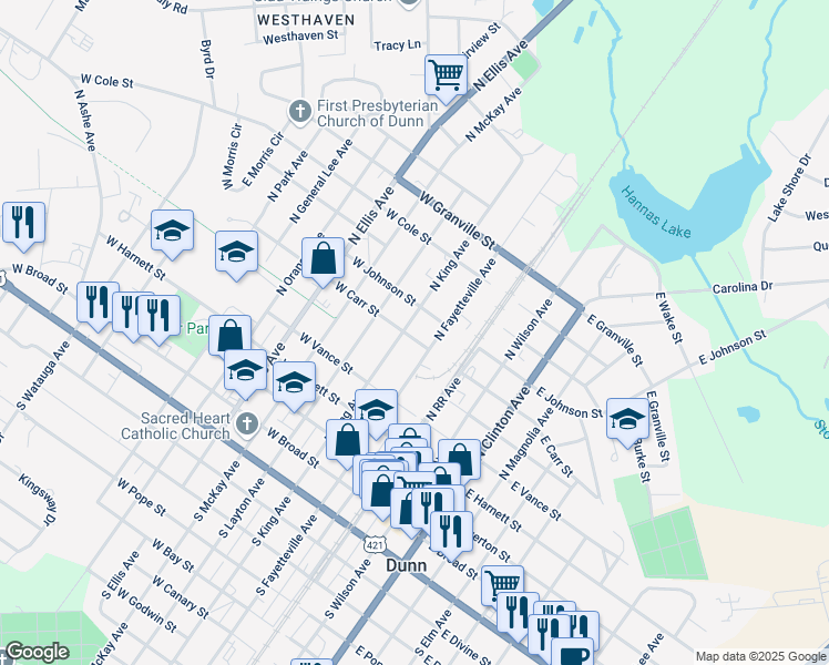 map of restaurants, bars, coffee shops, grocery stores, and more near 509 North Fayetteville Avenue in Dunn