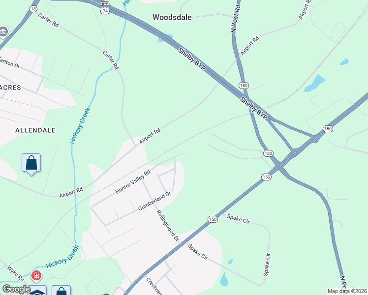 map of restaurants, bars, coffee shops, grocery stores, and more near 1051 Hunter Valley Road in Shelby