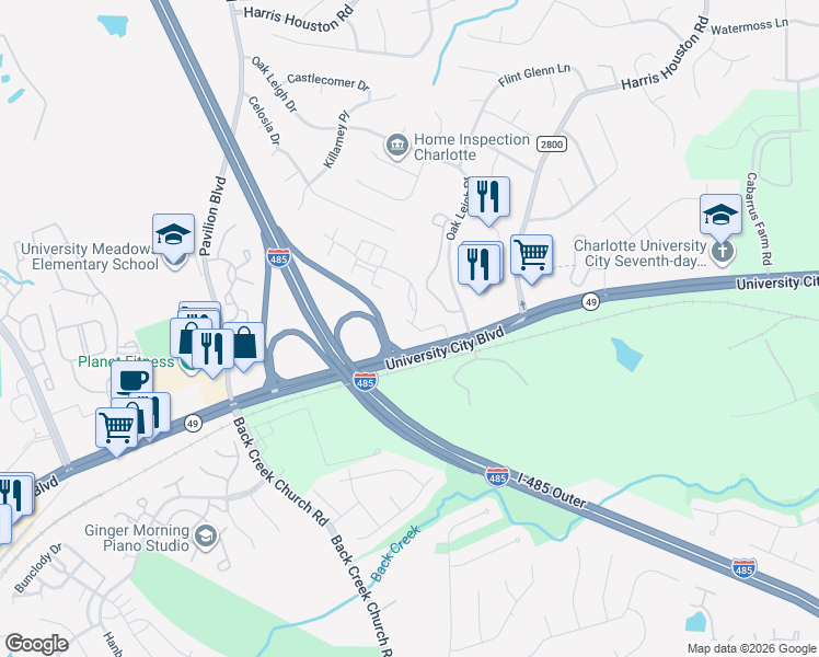 map of restaurants, bars, coffee shops, grocery stores, and more near 17701 Halton Park Drive in Charlotte