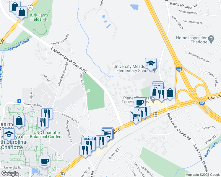 map of restaurants, bars, coffee shops, grocery stores, and more near 1047 Nugget Court in Charlotte