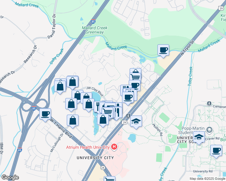 map of restaurants, bars, coffee shops, grocery stores, and more near 9221 Olmsted Drive in Charlotte