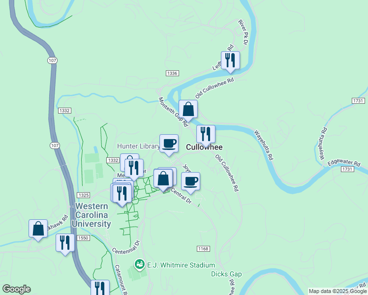 map of restaurants, bars, coffee shops, grocery stores, and more near 82 Central Drive in Cullowhee