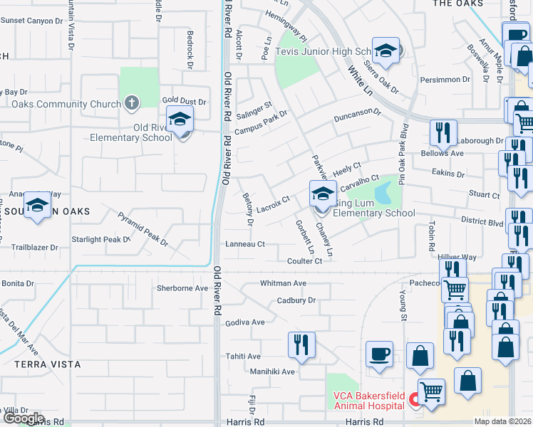 map of restaurants, bars, coffee shops, grocery stores, and more near 4622 Betony Drive in Bakersfield
