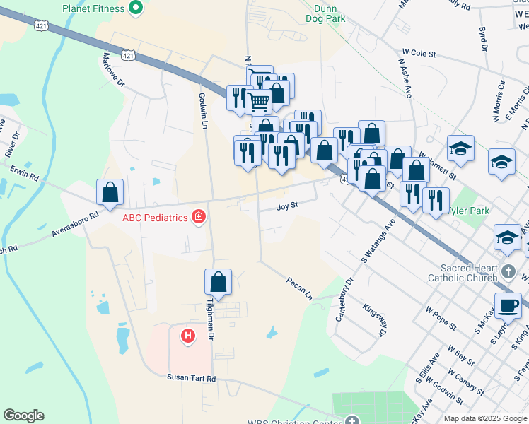 map of restaurants, bars, coffee shops, grocery stores, and more near 131 Joy Street in Dunn