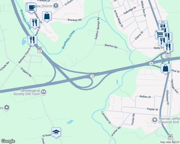 map of restaurants, bars, coffee shops, grocery stores, and more near Andrew Jackson Highway in Forest City