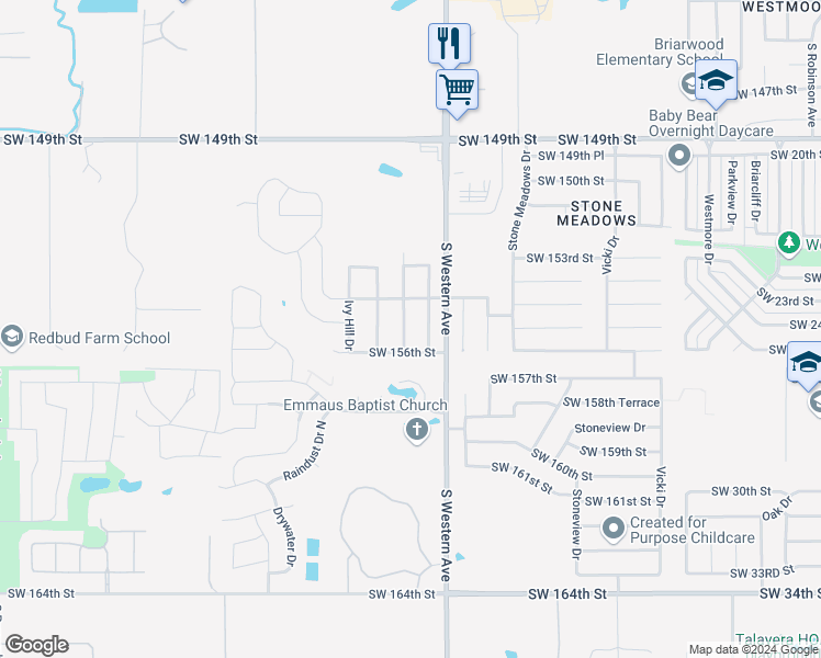 map of restaurants, bars, coffee shops, grocery stores, and more near 15620 Lilly Garden Lane in Oklahoma City
