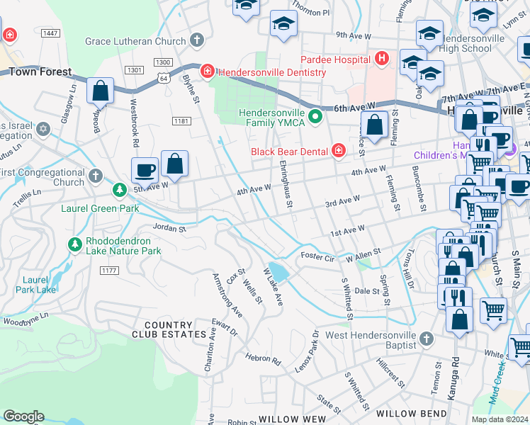 map of restaurants, bars, coffee shops, grocery stores, and more near 1113 3rd Avenue West in Hendersonville