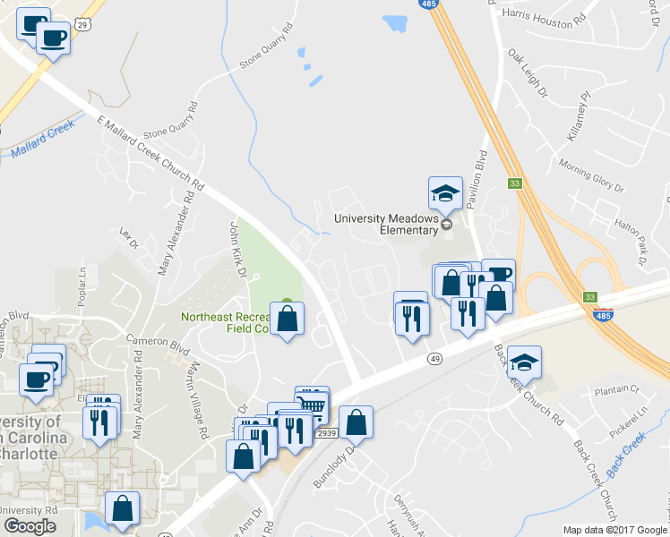 map of restaurants, bars, coffee shops, grocery stores, and more near Nugget Court in Charlotte