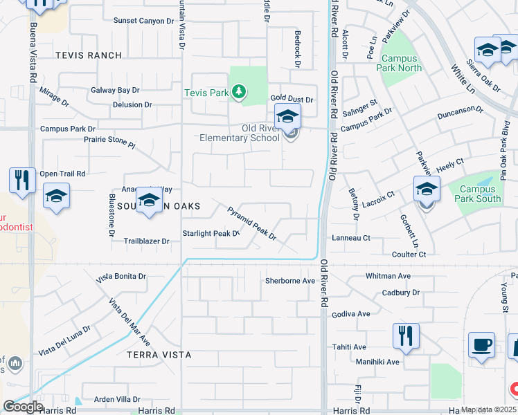map of restaurants, bars, coffee shops, grocery stores, and more near 4514 Iron Mountain Court in Bakersfield