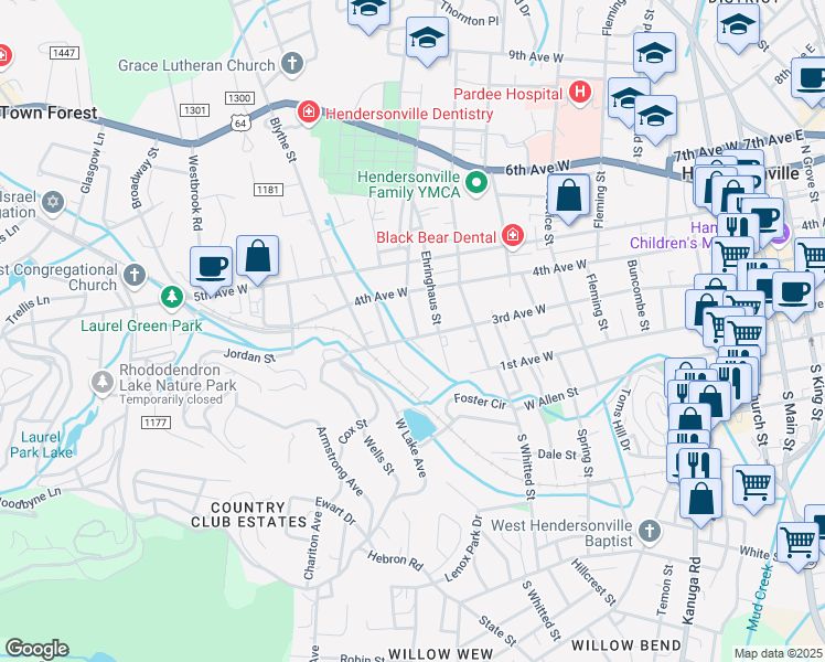 map of restaurants, bars, coffee shops, grocery stores, and more near 305 Valley Street in Hendersonville