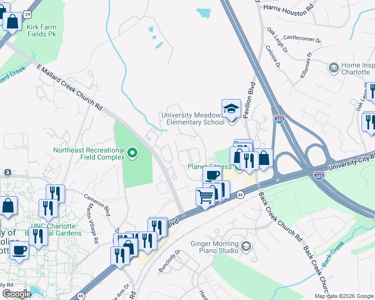map of restaurants, bars, coffee shops, grocery stores, and more near Rebecca Bailey Drive in Charlotte