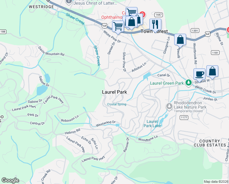 map of restaurants, bars, coffee shops, grocery stores, and more near in Laurel Park