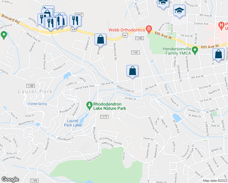 map of restaurants, bars, coffee shops, grocery stores, and more near 163 Jordan Street in Hendersonville