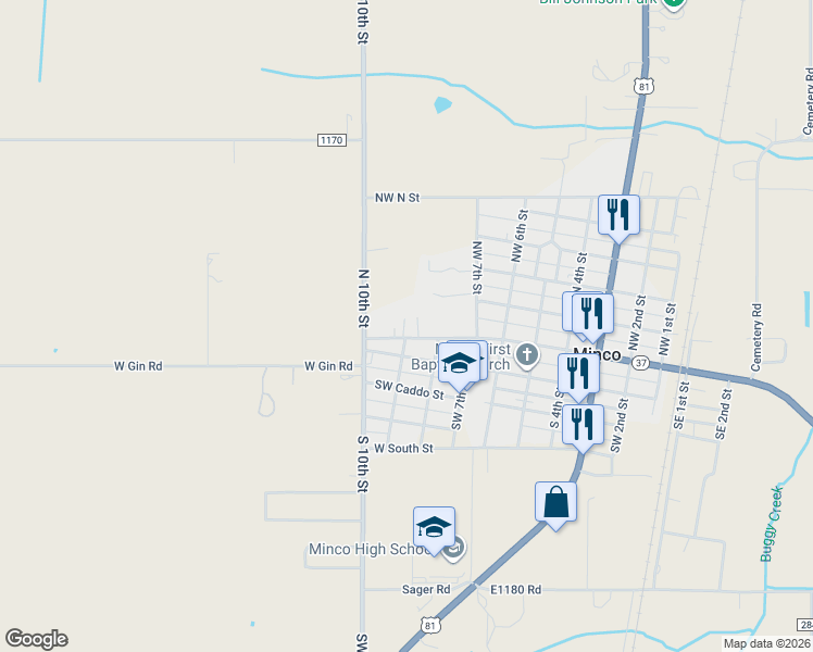 map of restaurants, bars, coffee shops, grocery stores, and more near 719 Northwest Belle Street in Minco