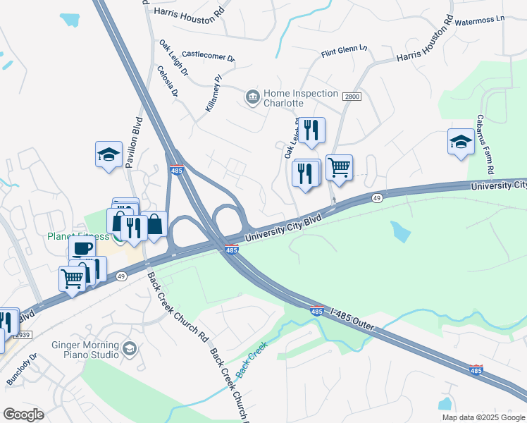map of restaurants, bars, coffee shops, grocery stores, and more near 17701 Halton Park Drive in Charlotte