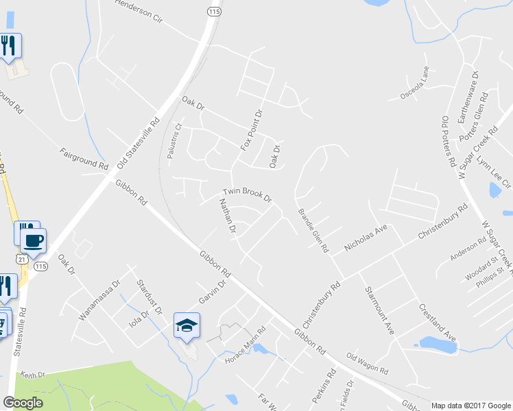 map of restaurants, bars, coffee shops, grocery stores, and more near 5734 Twin Brook Drive in Charlotte