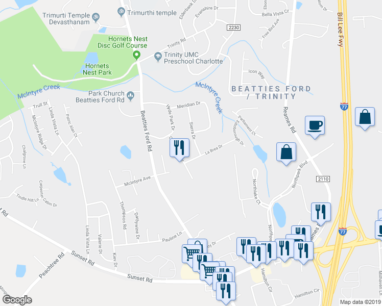 map of restaurants, bars, coffee shops, grocery stores, and more near 5933 Sierra Drive in Charlotte