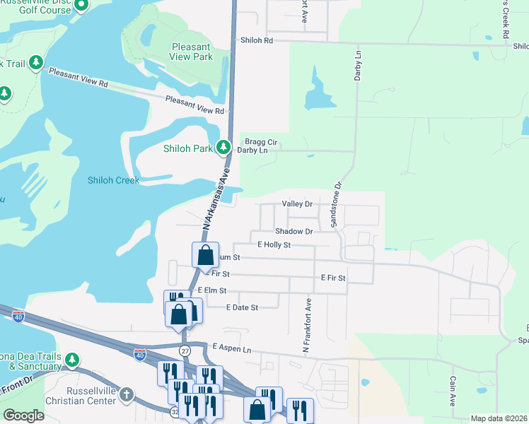 map of restaurants, bars, coffee shops, grocery stores, and more near 411 Valley Drive in Russellville