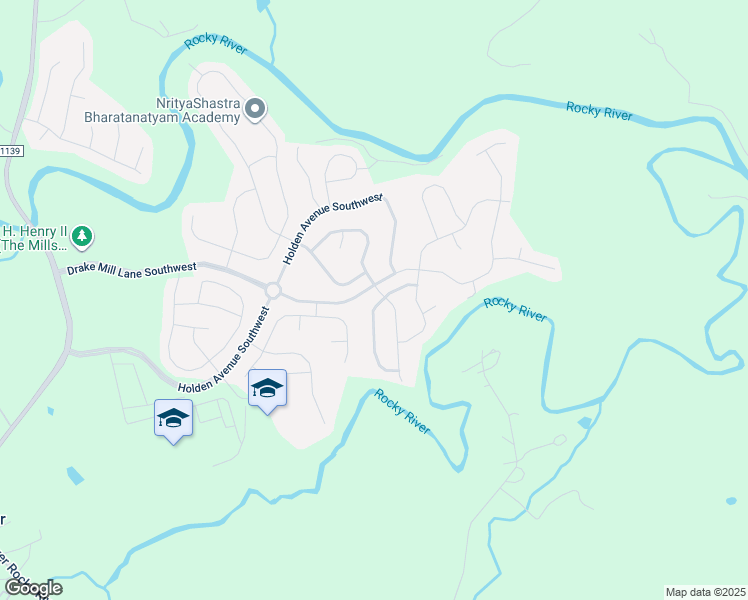map of restaurants, bars, coffee shops, grocery stores, and more near 7363 Mill Ruins Avenue Southwest in Concord