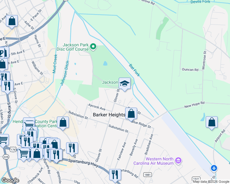 map of restaurants, bars, coffee shops, grocery stores, and more near 801 4th Avenue East in Hendersonville