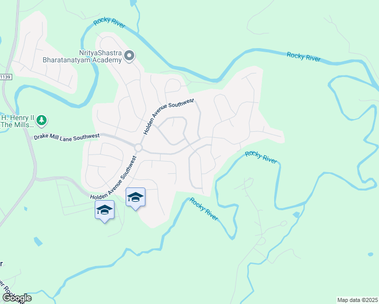 map of restaurants, bars, coffee shops, grocery stores, and more near 7363 Mill Ruins Avenue Southwest in Concord