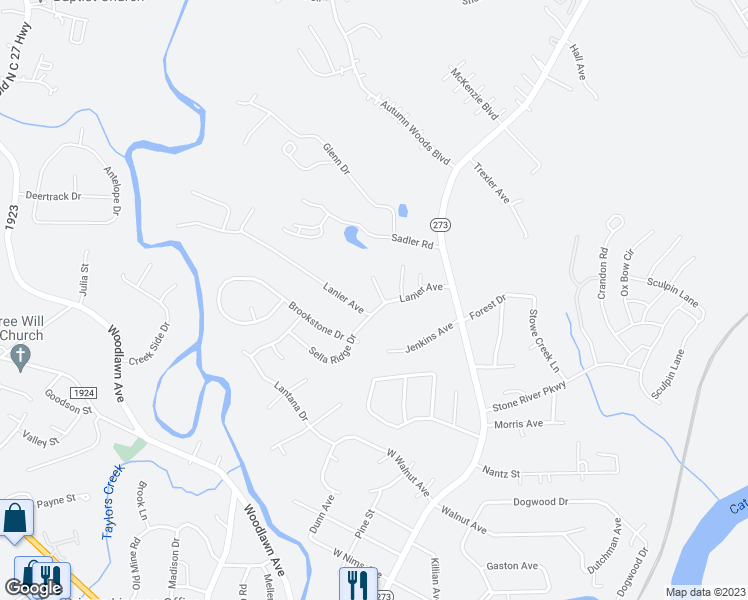 map of restaurants, bars, coffee shops, grocery stores, and more near 300 Lanier Avenue in Mount Holly