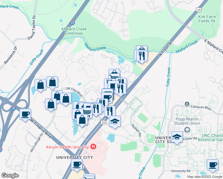 map of restaurants, bars, coffee shops, grocery stores, and more near 9323 North Tryon Street in Charlotte