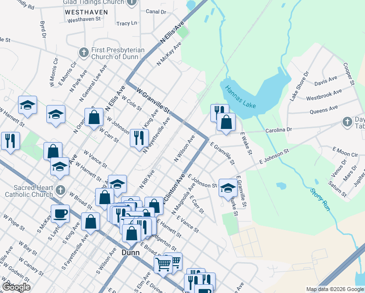 map of restaurants, bars, coffee shops, grocery stores, and more near 105 East Cole Street in Dunn