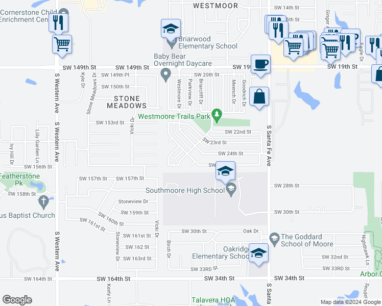 map of restaurants, bars, coffee shops, grocery stores, and more near 1431 Southwest 25th Street in Moore