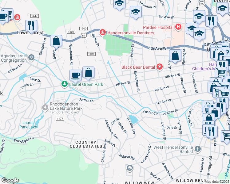 map of restaurants, bars, coffee shops, grocery stores, and more near 323 Blythe Street in Hendersonville