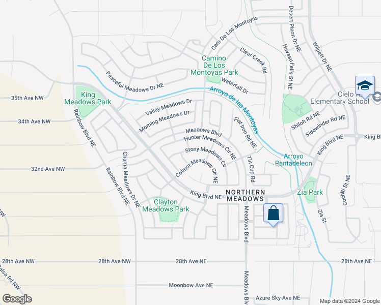 map of restaurants, bars, coffee shops, grocery stores, and more near 3430 Stony Meadows Circle in Rio Rancho