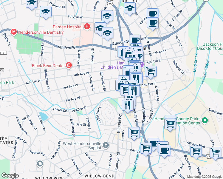 map of restaurants, bars, coffee shops, grocery stores, and more near 121 Rhodes Street in Hendersonville