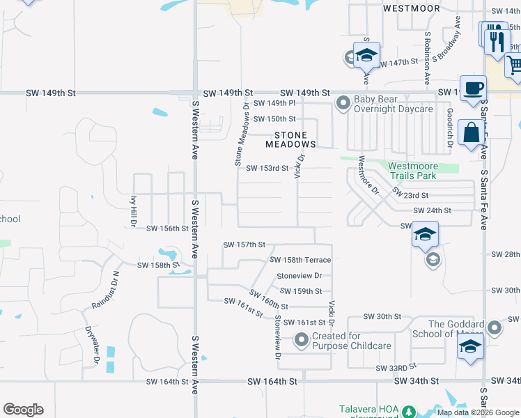 map of restaurants, bars, coffee shops, grocery stores, and more near 701 Southwest 155th Place in Oklahoma City