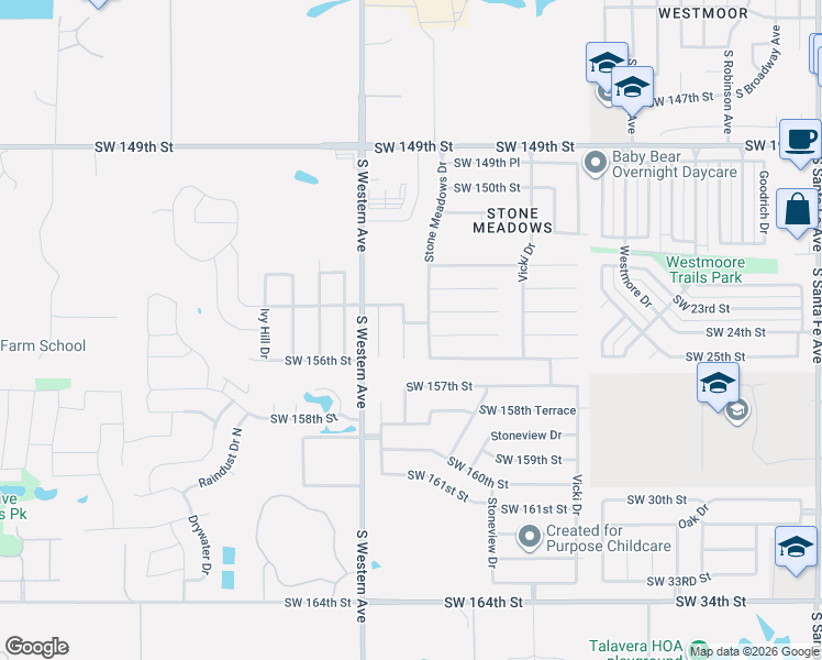 map of restaurants, bars, coffee shops, grocery stores, and more near 15501 Sandstone Terrace in Oklahoma City