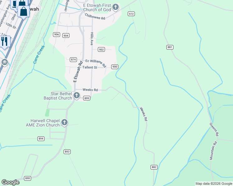 map of restaurants, bars, coffee shops, grocery stores, and more near 134-138 Weeks Rd in Etowah