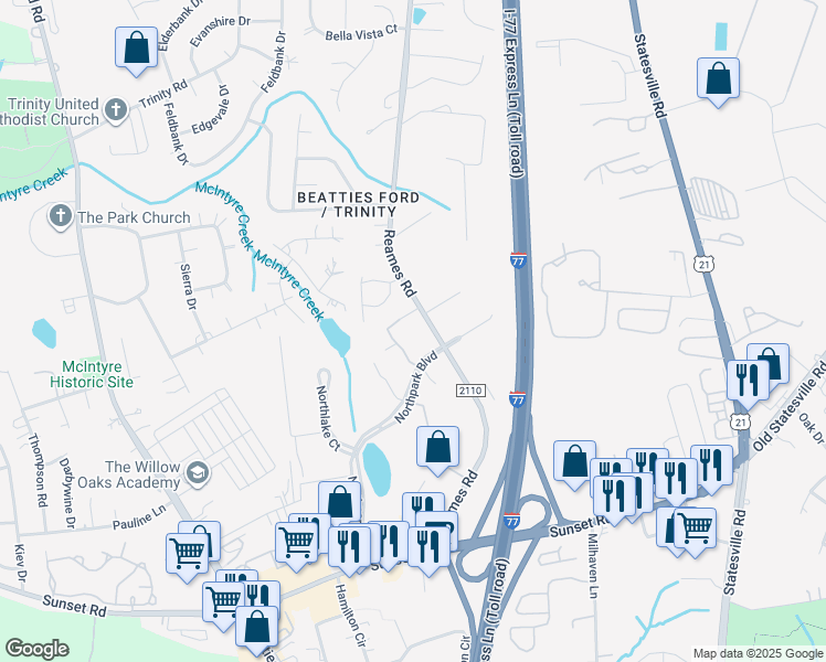 map of restaurants, bars, coffee shops, grocery stores, and more near 6935 Reames Road in Charlotte
