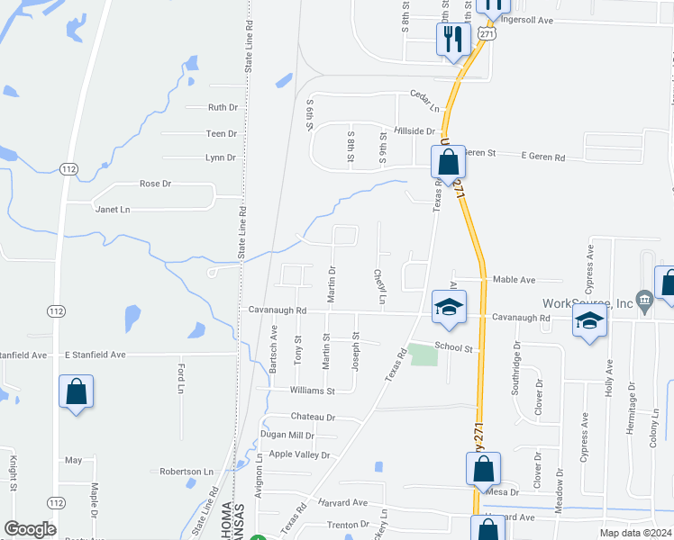 map of restaurants, bars, coffee shops, grocery stores, and more near 7501 Martin Drive in Fort Smith