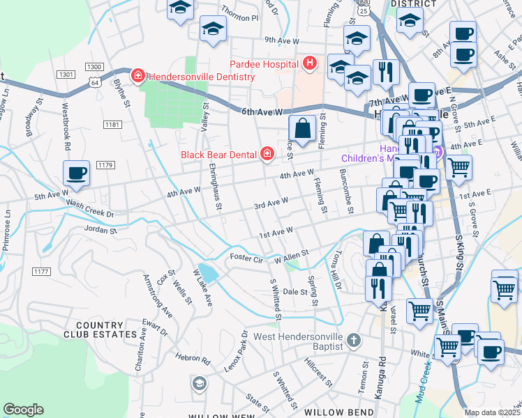 map of restaurants, bars, coffee shops, grocery stores, and more near 821 3rd Avenue West in Hendersonville