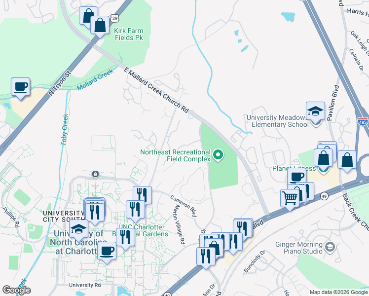 map of restaurants, bars, coffee shops, grocery stores, and more near 9810 Campus Walk Lane in Charlotte