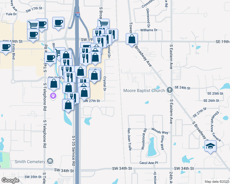 map of restaurants, bars, coffee shops, grocery stores, and more near 612 Southwest 25th Street in Moore