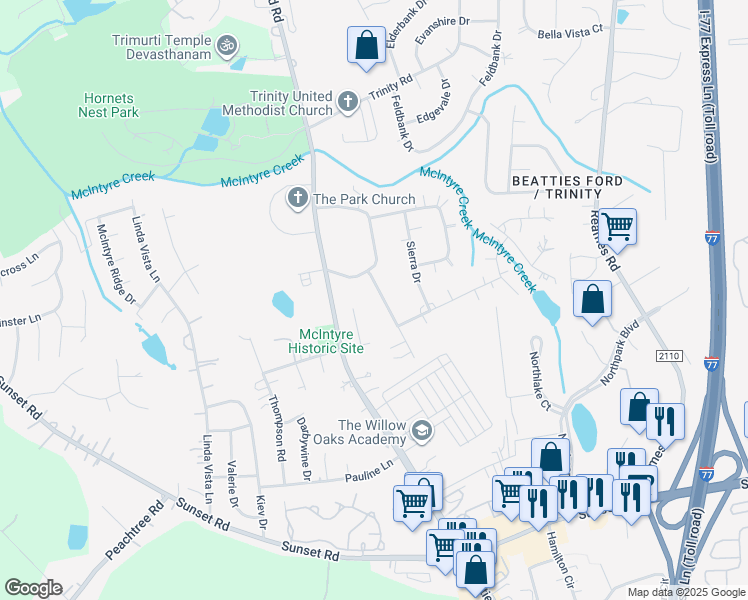map of restaurants, bars, coffee shops, grocery stores, and more near 5943 Crestwood Drive in Charlotte