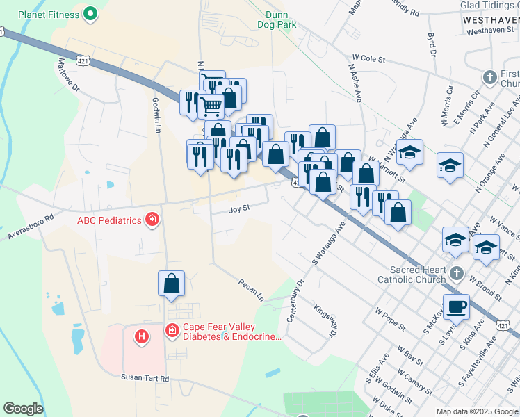 map of restaurants, bars, coffee shops, grocery stores, and more near 105 Joy Street in Dunn