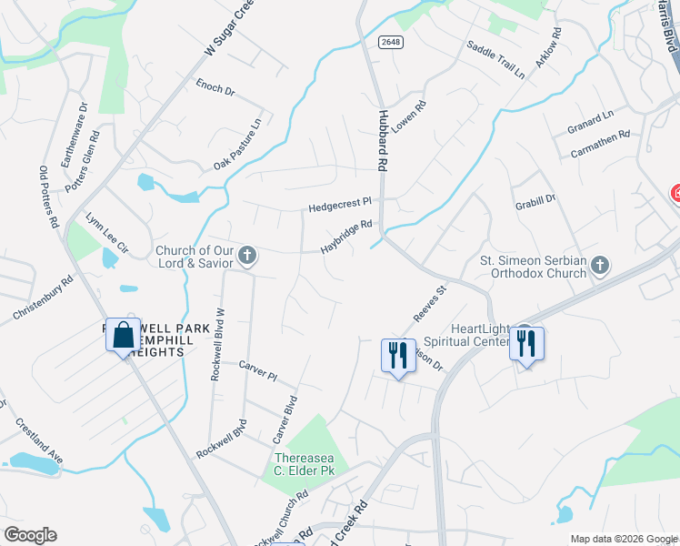 map of restaurants, bars, coffee shops, grocery stores, and more near 3434 Pondridge Court in Charlotte