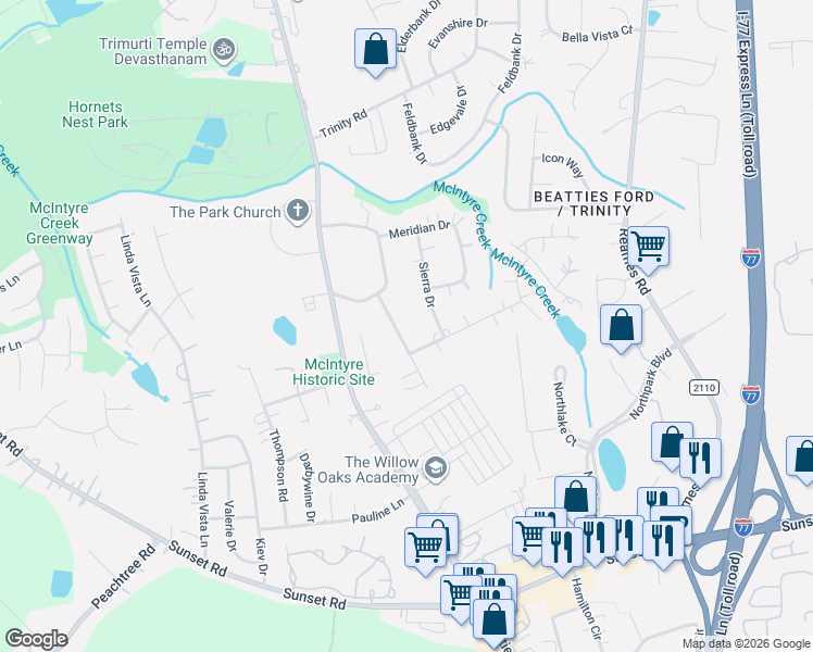 map of restaurants, bars, coffee shops, grocery stores, and more near 5943 Crestwood Drive in Charlotte