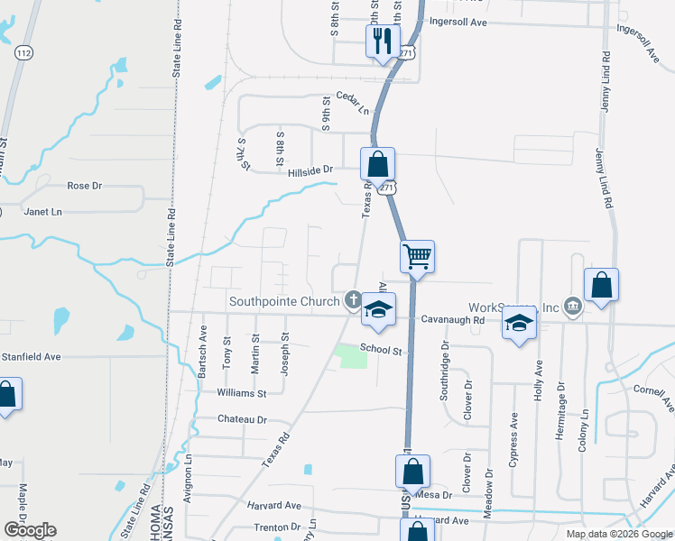 map of restaurants, bars, coffee shops, grocery stores, and more near 7312 Pine Hollow Court in Fort Smith